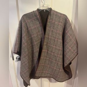 Brown, white, and light pink plaid jacket/shawl.